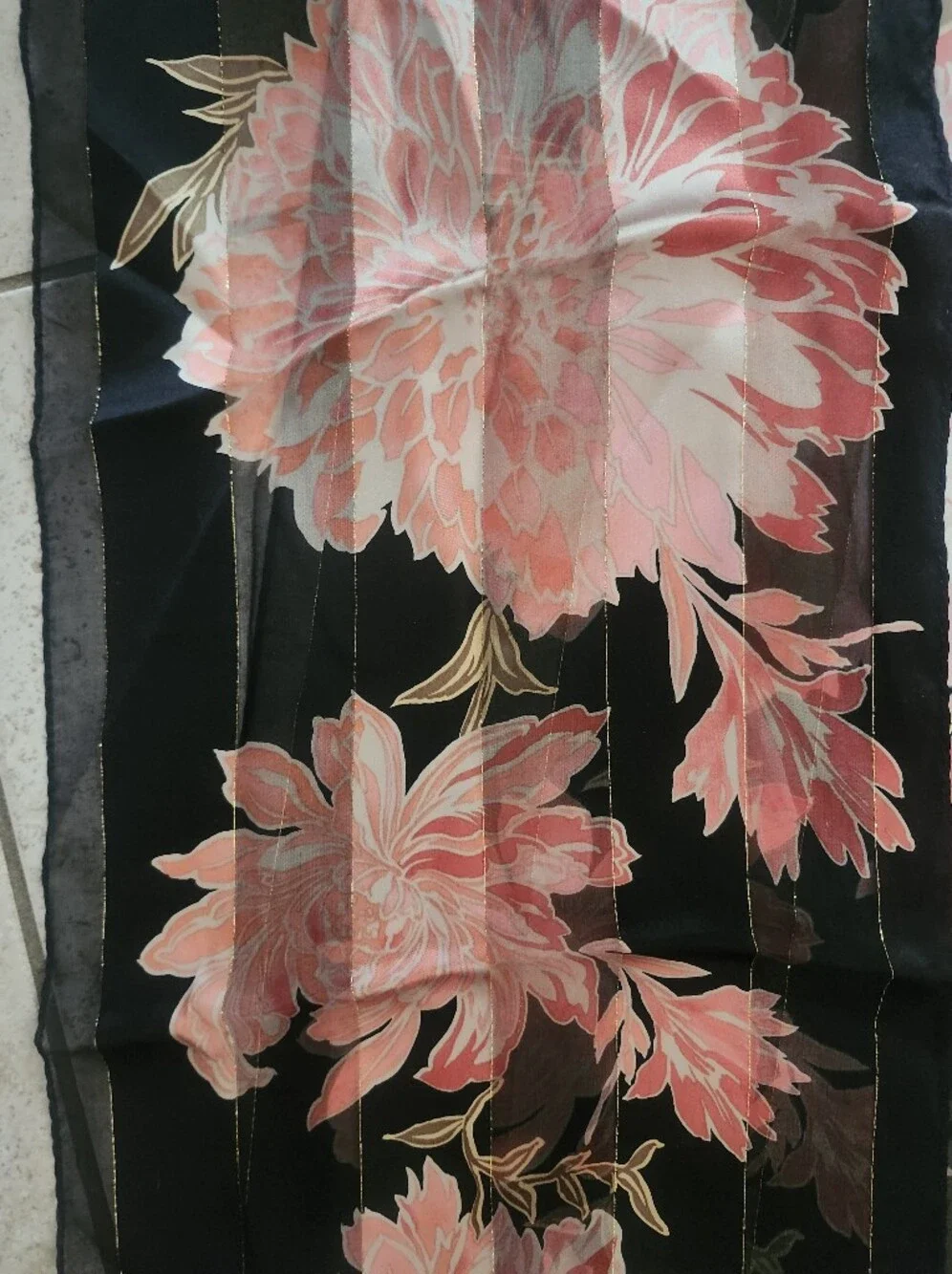 Vtg Sheer Black Floral Silk Scarf with Pink Bloom Print